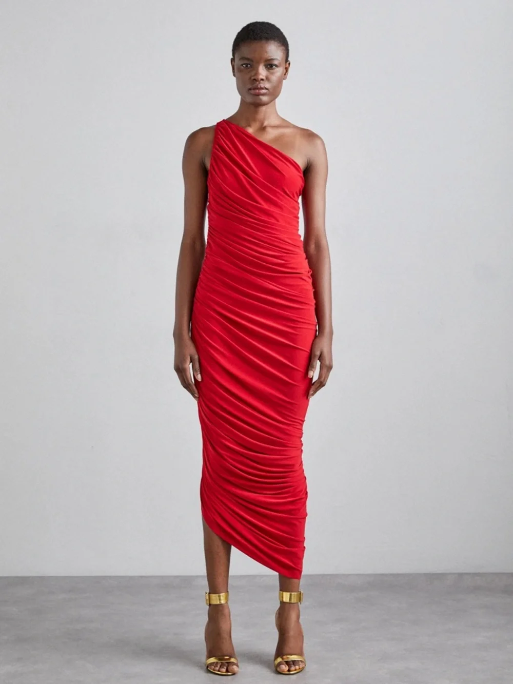Norma Kamali Diana One Shoulder Gown Red Ruched Bodycon‎ Formal Cocktail Size XS
